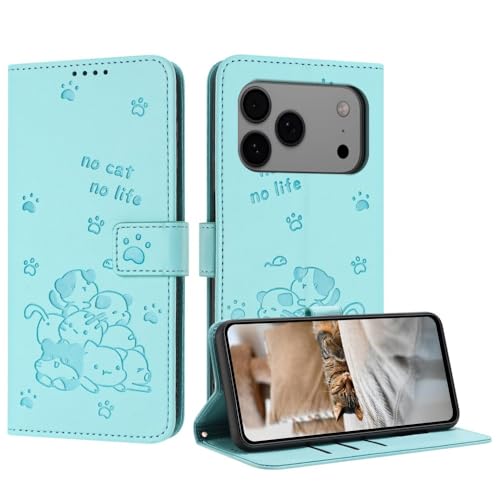 Étui en cuir iPhone 17 Pro Max vert clair chat aux finitions soignées