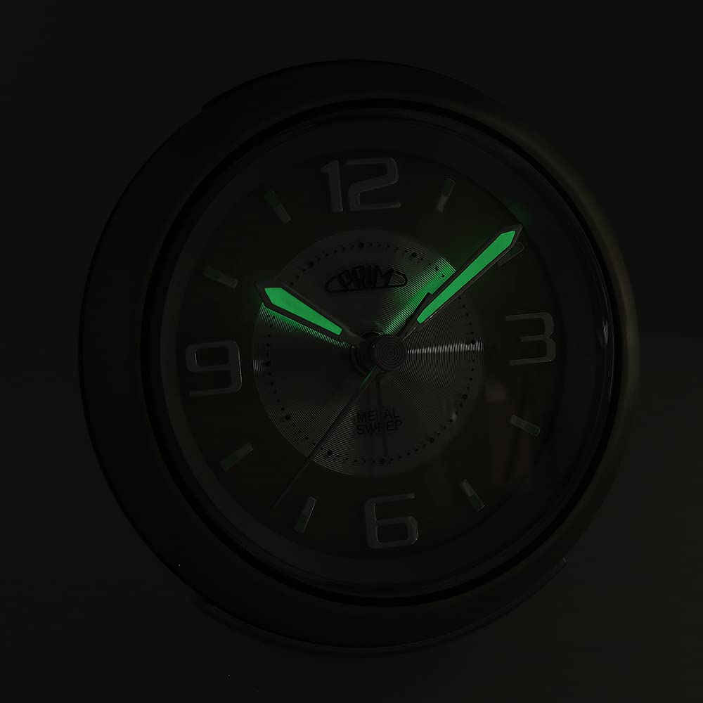 Prim Reloj Despertador analógico de Acero con LED, sin tictac, analógico, Retro, Grande, silencioso, analógico, Funciona con Pilas, Alarma de repetición de Alarma, Color Plata/Rosa, pequeño/Normal