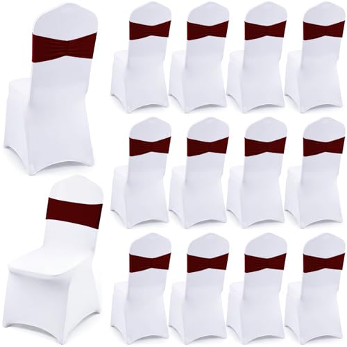 Cover Set With 12 White Spandex Stretch Slipcovers 12 Bows Chair Sashes Washable Chairs Protectors For Wedding Party Banquet Anniversary Events Dining Decor(dark Red)