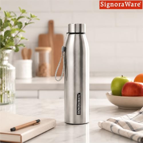 Image of Signoraware Messi Stainless Steel Water Bottle With Hanging Strip,(1 Ltr, Steel), Airtight & Leakproof, Lightweight & Easy to Carry, Stylish Bottle for Office, School, Gym, Travel & Outdoor Use
