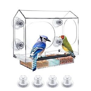 Acrylic Window Bird Feeder with 4 Strongest Screw Suction Cups, Equipped Magnetic Sliding Feeding Tray with Drain Holes…
