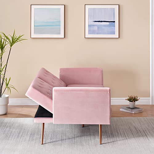 Eafurn Convertible Futon Sofa Bed,Velvet Adjustable Sleeper Couch, Reversible Loveseat Folding Daybed With Gold Metal Legs, Splitback Small Couches & Sofa For Living Room, 68.3", Pink W/Tufted #TOP6