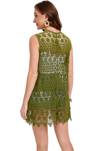 Image of GLEAMISS Women's Crochet Floral Vest Lace Trim Boho Sleeveless Cardigan
