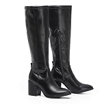 VIVASHOES Women’s Knee High Heeled Boots – Faux Suede Long Boots with Chunky Heel & Side and Pull On Tab – Stylish Tall Winter Booties for Autumn & Winter Outfits - Black Leather 6