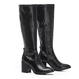 VIVASHOES Women’s Knee High Heeled Boots – Faux Suede Long Boots with Chunky Heel & Side and Pull On Tab – Stylish Tall Winter Booties for Autumn & Winter Outfits - Black Leather 4