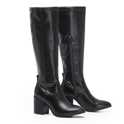 VIVASHOES Women’s Knee High Heeled Boots – Faux Suede Long Boots with Chunky Heel & Side and Pull On Tab – Stylish Tall Winter Booties for Autumn & Winter Outfits - Black Leather 5