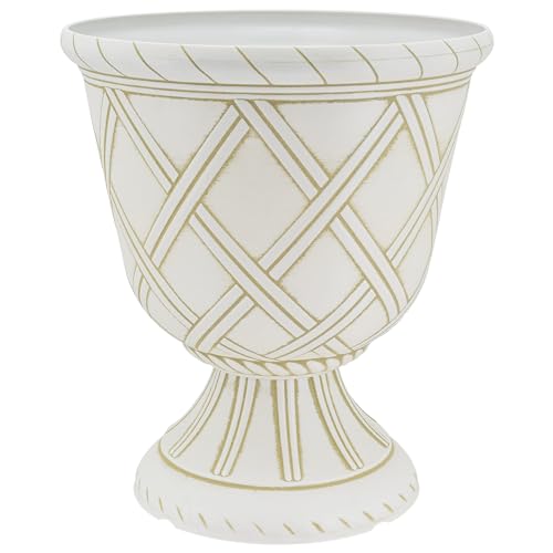 Arcadia Garden Products PL61BG Lattice Plastic Garden Urn, Classic Decorative Garden Pot Planter for Indoor and Outdoor Plants, Beige