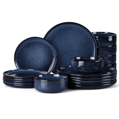 Homikit Geschirrset 6 Personen, 18-tlg Steinzeug Geschirr Set, Reaktive Glasur Tafelservice mit Speiseteller Dessertteller Müslischüsseln, Mikrowellen- und Spülmaschinenfest, Kratzfest, Universum Blau