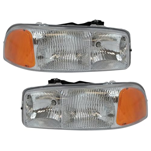 Image of TRQ Driver and Passenger Side Headlight Assembly Set Compatible with 99-07 GMC Sierra 1500 00-06 Yukon 00-06 Yukon XL 1500 99-04 Sierra 2500HD 01-06 Sierra 3500 00-06 Yukon XL 2500