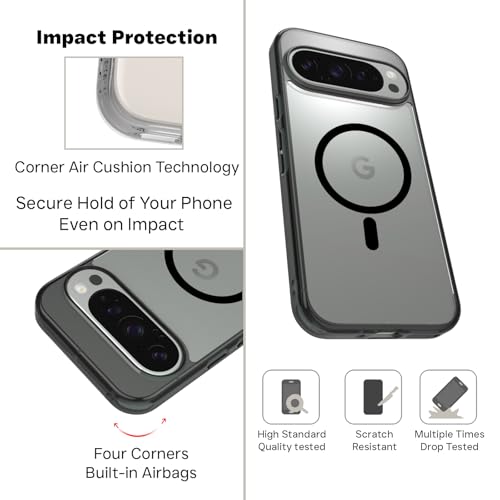 Image of RIGGEAR Shockproof Clear Hybrid Armor Magnetic Back Cover Case Compatible with MagSafe Accessories for Google Pixel 9 / Pixel 9 Pro (Clear-Black Bumper and Transparent PC)