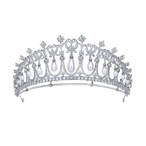 Cubic Zirconia Princess Diana Tiara Lovers Knot Queen Pearl Crown for Bride Headdress Vintage Birthday Prom Pageant Wedding Tiaras and Crowns Silver Crystal Bridal Hair Jewelry Accessories (Silver- Platinum Plated)