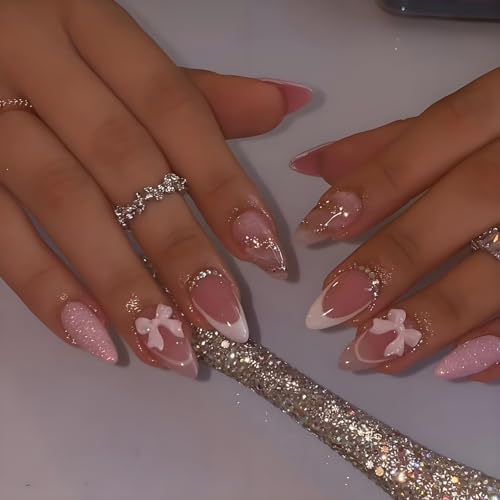 LPOODDNU Almond French Tip Press on Nails - Medium Pink