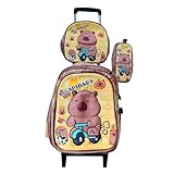 Kit Mochila Infantil Capybara em 3D com Rodinhas + Lancheira Térmica + Estojo Escolar da Capivara em Alto Relevo Unissex