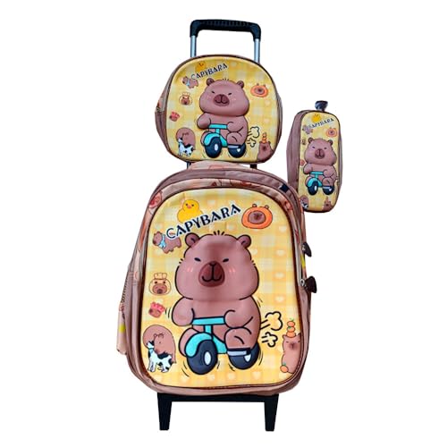 Kit Mochila Infantil Capybara em 3D com Rodinhas + Lancheira Térmica + Estojo Escolar da Capivara em Alto Relevo Unissex