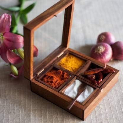 Image of Majestic Mart Sheesham Wooden masala box /namak dani /spices box /masala daani /organizer /masala dabba /spice jar /spice storage box with Glass top for Kitchen. (4 CONTAINERS)