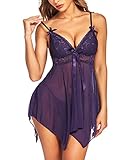Avidlove Sexy Lingerie Babydoll Chemise Strap Lace Teddy Outfit For Women,Purple,Medium