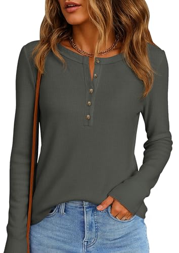 Image of PRETTYGARDEN Women's Long Sleeve Waffle Knit Henley Shirts