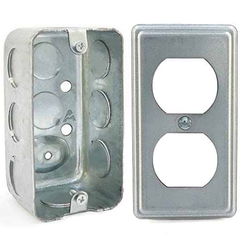 (Pack Of Box And Cover) 4X2 Inch Utility Electrical Box, Outlet Box, Duplex Receptacle Cover, Drawn Construction, Ten 1/2 Inch Knockouts, Raised Ground, 1-7/8" Deep, 13 Cu. In. Capacity, Galvanized Steel #TOP9