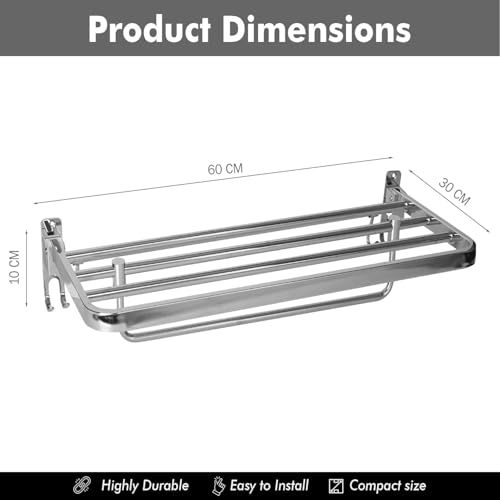 Image of Pivalo 304 Grade Stainless Steel Folding Towel Rack Multipurpose Wall Mounted Hook Hanger Bar Shelf Bathroom Accessories and Fittings for Kitchen Washroom Wash Basin (Pack of 1, 1025)