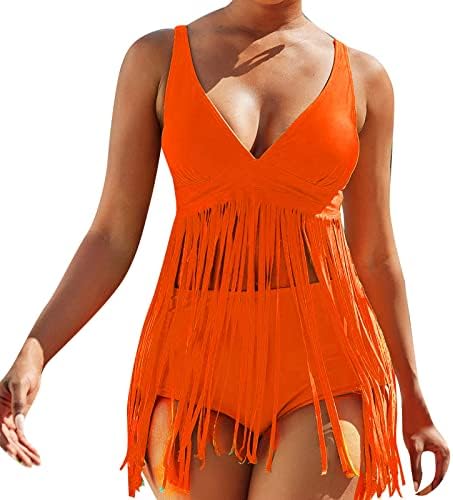 Women 2pack Fashion Sexy Split High Waist Hollow Lace Bikini Swimsuit Two Pieces Tankini Swim for Women (Orange, XXL)
