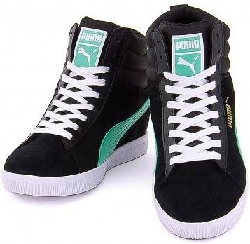 Amazon プーマ レディース インヒールスニーカー ハイカット 美脚 クラシックウェッジ Classic Wedge 05 ブラック エレクトリックグリーン 24 5cm スニーカー