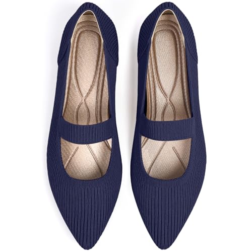 Image of TINGRISE Women's Flats Shoes Pointed Toe Knit Washable Ballet Comfortable Dressy Mary Jane Flat