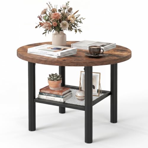 Image of COSTWAY 2-Tier Round Coffee Table with Storage (Rustic Brown+Black)