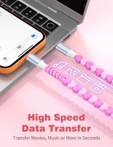 Image of USB C to USB C Cable 6FT,60W Fast Charging Beaded Charger Cord for iPhone 17 16 Pro Max 15 /iPad Pro 11th Air for Samsung S26 S25 S24 S23 A16 A17 /Android Phone Charger Cord Cute Girls Women,Pink-Hearts