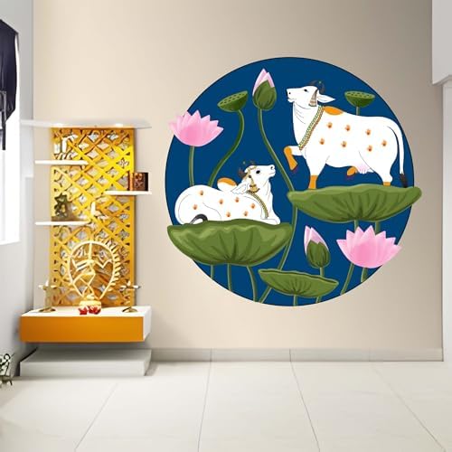 Image of Pichwai Cow Wallpaper for Mandir 3x3 Feet - Self-Adhesive Vinyl Peel & Stick, Removable Marble Wall Sticker for Pooja Room & Temple Walls (Pichwai Cow Lotus) (3X3)
