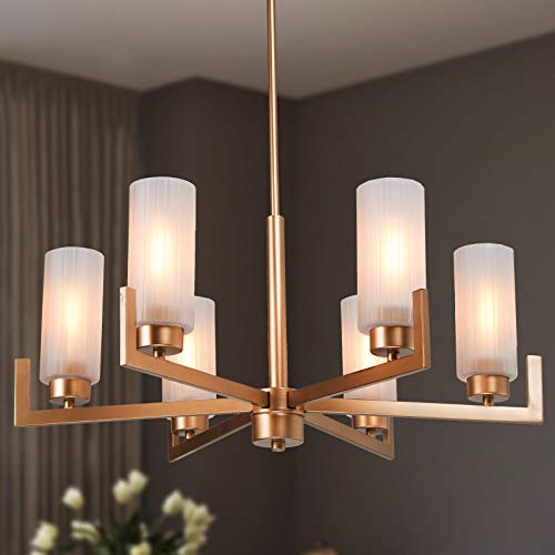 Dining Room Chandelier, 6-Light Gold Chandelier With White Frosted Glass Shades, Modern Chandeliers For Dining Room, Living Room, Kitchen And Bedroom #TOP15