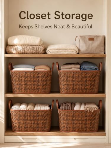 Image of BROWNLILY Oversized Storage Baskets Laundry Hampers with Structured Frame & Supported Bottom, Extra Large Closet Bins for Shelves Blankets Car Bedroom Bathroom Organizers (Pack of 4, Brown)