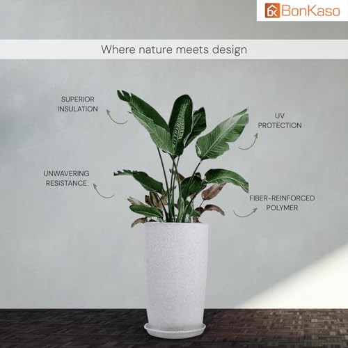 Image of BonKaso 14 inch White Flower Pot - Tall, Durable & Lightweight Polymer Tower Planter for Indoor & Outdoor Use: Home, Office, Garden & Balcony (Gamla /Gamale)
