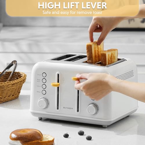 Image of BUYDEEM DT640 4-Slice Toaster, Extra Wide Slots, Stainless Steel with High Lift Lever, Bagel and Muffin Function, Removal Crumb Tray, 7-Shade Settings, Arctic White