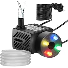 DaToo Mini Submersible Fountain Water Pump With LED Light 50GPH 3W Small Ultra Quiet Water Pump With Tubing For Aquarium Fish Tank Outdoor Pond Water Feature Fountain Statuary