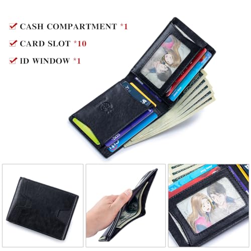 Image of Front Pocket Wallet for Men Slim Lightweight RFID Blocking Genuine Leather Bifold Thin Wallet with 10 Card Slots, Black