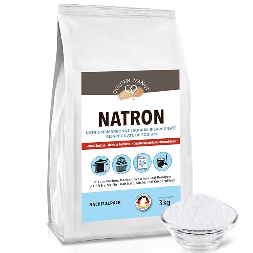 GOLDEN PEANUT Natron Pulver 3 kg Natriumhydrogencarbonat Backsoda Backpulver Wasch-Soda Lebensmittelqualität aus Deutschland Nachfüllpack