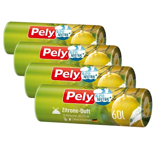 Pely Zugband M&uuml;llbeutel mit Zitronen Duft - Vorteilspack (4 x 10 St&uuml;ck), gelb, f&uuml;r die Entsorgung von Restabfall (60 Liter) mit angenehmen Duft
