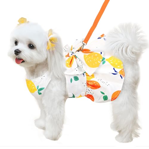 ABRRLO Cute Dog Dress Small Dog Clothes for Girls Female Puppy Outfits Yellow Lemon Pet Summer Clothes Bowknot Doggy Cat Princess Dress Harness for Holiday Birthday Party Costume Clothing (Yellow,S)