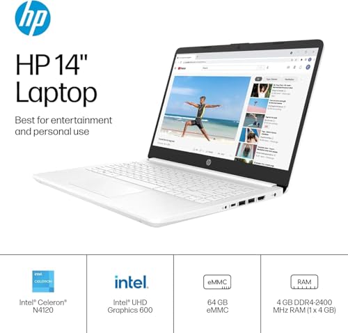 Image of HP 14 inch Ultra Light Laptop for Student & Home (Intel 4-Core Celeron, 4GB RAM, 64GB eMMC + 128GB SD Card,) 11-Hr Long Battery Life, Webcam, Wi-Fi, Win 11 Home in S Mode (Renewed)