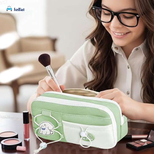Image of FunBlast Pencil Pouch for Girls - Aesthetic Multi-Compartment Zipper Pouch with Drawstring Pocket, Cute Kawaii Pencil Case, Stylish Stationery Pouch, Return Gift for Kids & School Use (Green2)
