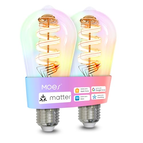 MOES Matter WiFi ST64 Edison Smart Bulbs, Color Changing Light Bulb, 16 Million RGB Colors & Tunable White, Works with Apple Home, Alexa, Google Home, E26 Dimmable 5W (40W Equivalent), 2-Pac