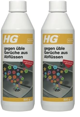 HG Gegen üble Gerüche aus Abflüssen, löst Schmutz und beseitigt Gerüche in Abflüssen, Rohrreiniger für Bad, Küche, Dusche und Waschbecken - 500 g (Packung mit 2)