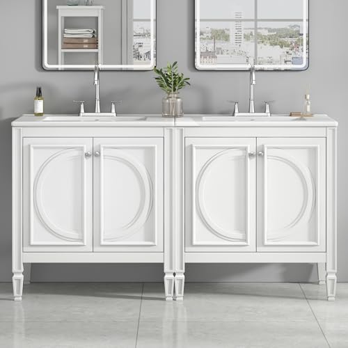 60 Inch White Bathroom Vanity with Double Sink,Vintage Bathroom Double