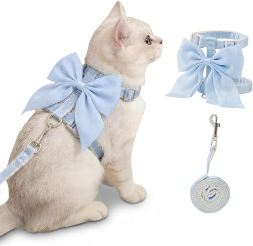 Arnés con Correa para Gatos, Lazo Azul Arnés para Gatos Ajustable, Arné para Gato Antiescape, Suave Y Ligero - Adecuado para Paseos Al Aire Libre, para Gato de 1-3,5 Kg (Azul S)