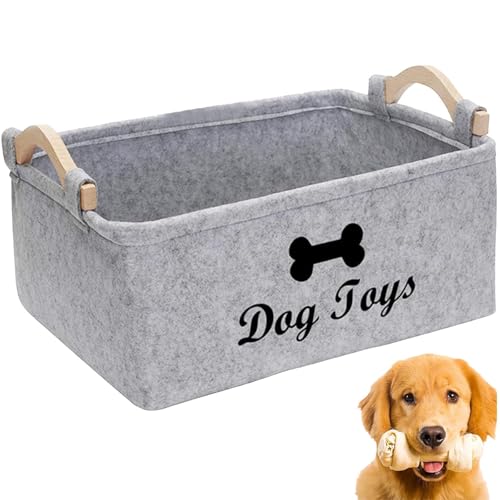 YSFVNP Dog Toy Storage, Dog Toy Box, With Wooden Handle and Cute Pattern Organizer Storage Basket for Pet Toys, Blankets, And Embroidered Dog Toys for Home Hiking (Grey 38x25x18 cm)