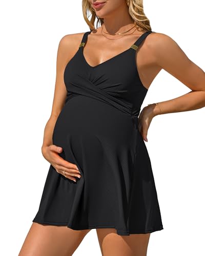 Charmo Push Up Maternity Bathing Suit One Piece Swimdress Modest Twist Padded Full Coverage Pregnancy Swimsuits Black M
