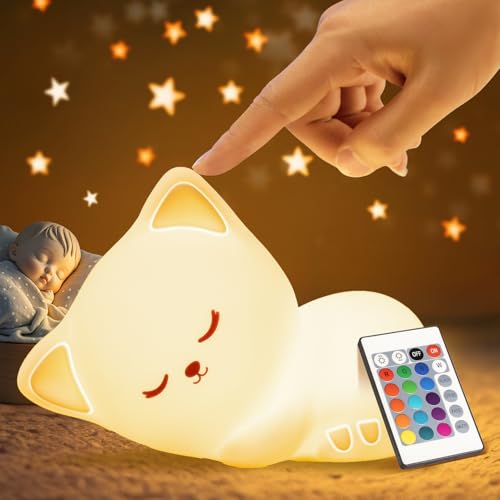 Nachtlicht Kinder Nachtlicht Baby Spielzeug Katze, 16 Farben+Fernsteuerung+USB Aufladbar Stilllicht Dimmbar Nachttischlampe Kinder, Katze Spielzeug Kawaii Deko,Cute Nachtlampe Kinderzimmer Deko