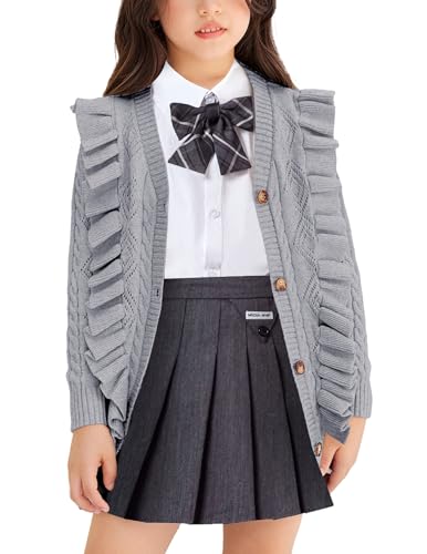 Image of Arshiner Girls Cardigan Sweaters Ruffle School Uniform Sweater V Neck Button Front Outerwear 4-13 Years