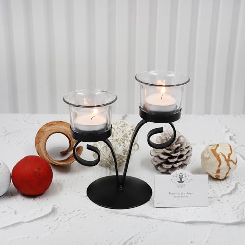 Image of HOSLEY Clear Glass Tealight Candle Holders|Black Tealight Candle Holders With Glass Holders Perfect For Home Decor Tabletop Centerpiece| Pack Of 1 With Pack Of 2 Tealights, Black Matty