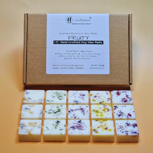 Fruity Collections - Highly Scented Botanical Wax Melts Collections (15 x 13.5g Hand Crafted) - Vegan Friendly & Cruelty Free - Plastic Free - Provide 8 to 10hrs scents/cube - Made in the UK (Fruity)